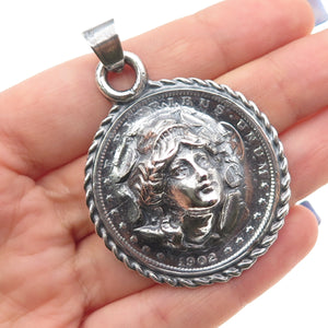 900 Silver Antique 1902 One Morgan Dollar Repousse Oxidized Charm Pendant
