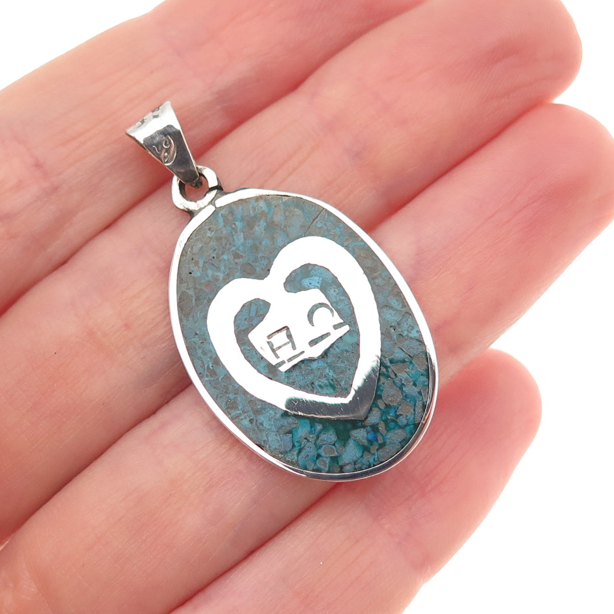 925 Sterling Silver Vintage Mexico Real Turquoise Inlay Heart & House Pendant