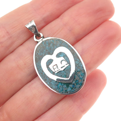 925 Sterling Silver Vintage Mexico Real Turquoise Inlay Heart & House Pendant