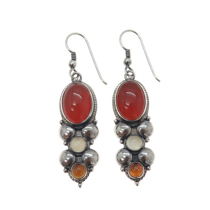 925 Sterling Silver Vintage Real Carnelian Citrine & Moonstone Oxidized Earrings