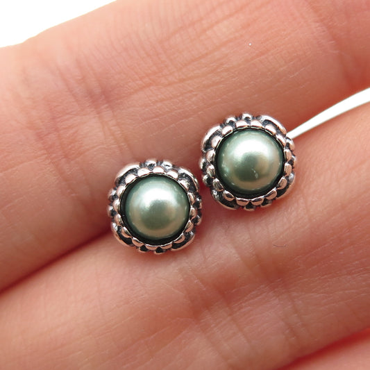 925 Sterling Silver Faux Pearl Oxidized Stud Earrings