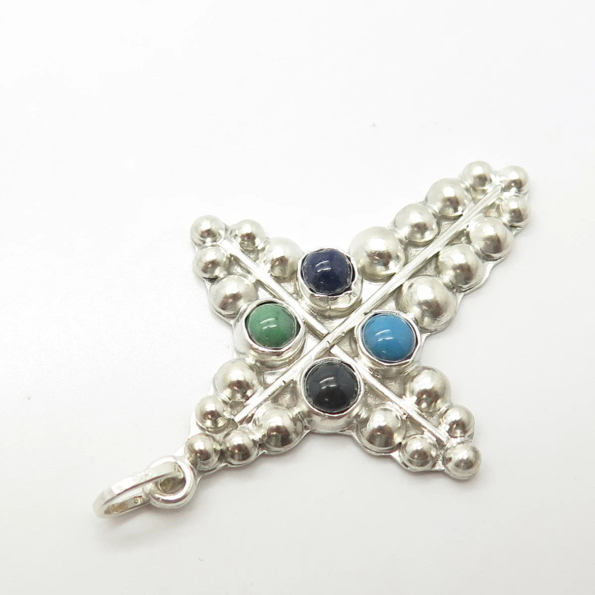 925 Sterling Silver Vintage Turquoise Lapis Lazuli Black Onyx Gem Cross Pendant