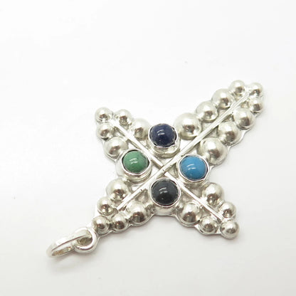 925 Sterling Silver Vintage Turquoise Lapis Lazuli Black Onyx Gem Cross Pendant