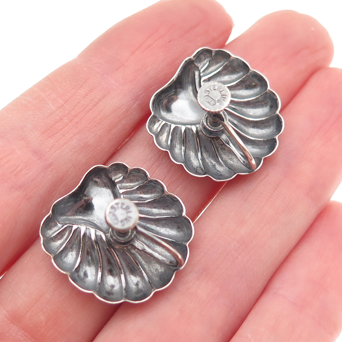 925 Sterling Silver Antique Art Deco Seashell Oxidized Screw Back Earrings