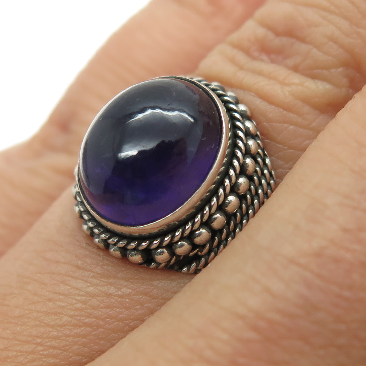 925 Sterling Silver Vintage Real Cabochon Amethyst Roped Ring Size 6.75