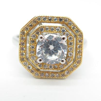 CELINE F. 925 Sterling Silver 2-Tone Round-Cut C Z Ring Size 7