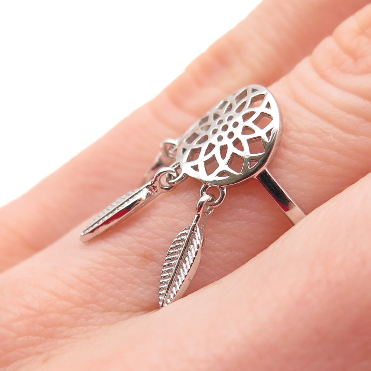 925 Sterling Silver Dreamcatcher Dangle Charm Adjustable Ring Size 6
