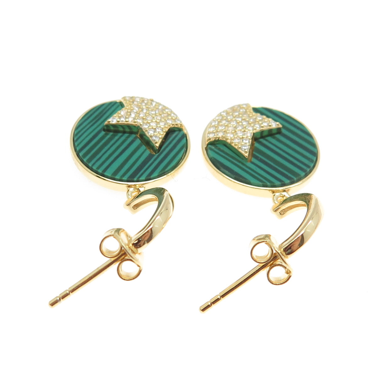 925 Sterling Silver Gold Plated Faux Malachite & C Z Star Dangling Earrings