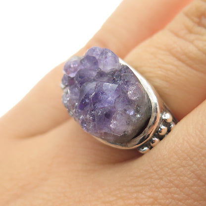 925 Sterling Silver Vintage Real Amethyst Modernist Beaded Ring Size 6.75