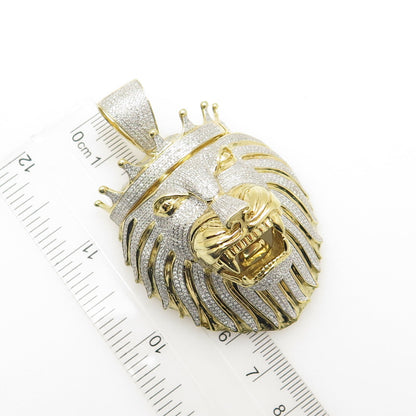 925 Sterling Silver Gold Plated Pave C Z King Lion Pendant