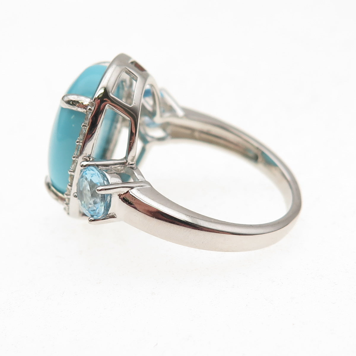 925 Sterling Silver Real Tyrone Turquoise Blue & White Topaz Ring Size 8