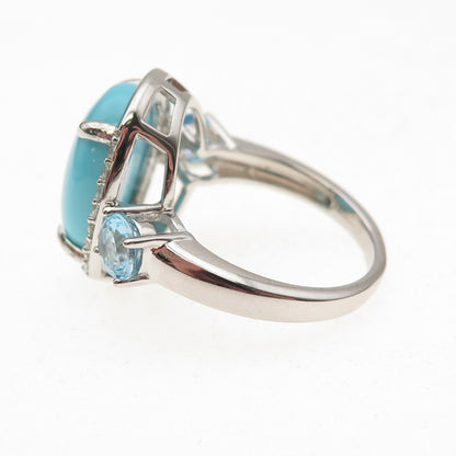 925 Sterling Silver Real Tyrone Turquoise Blue & White Topaz Ring Size 8