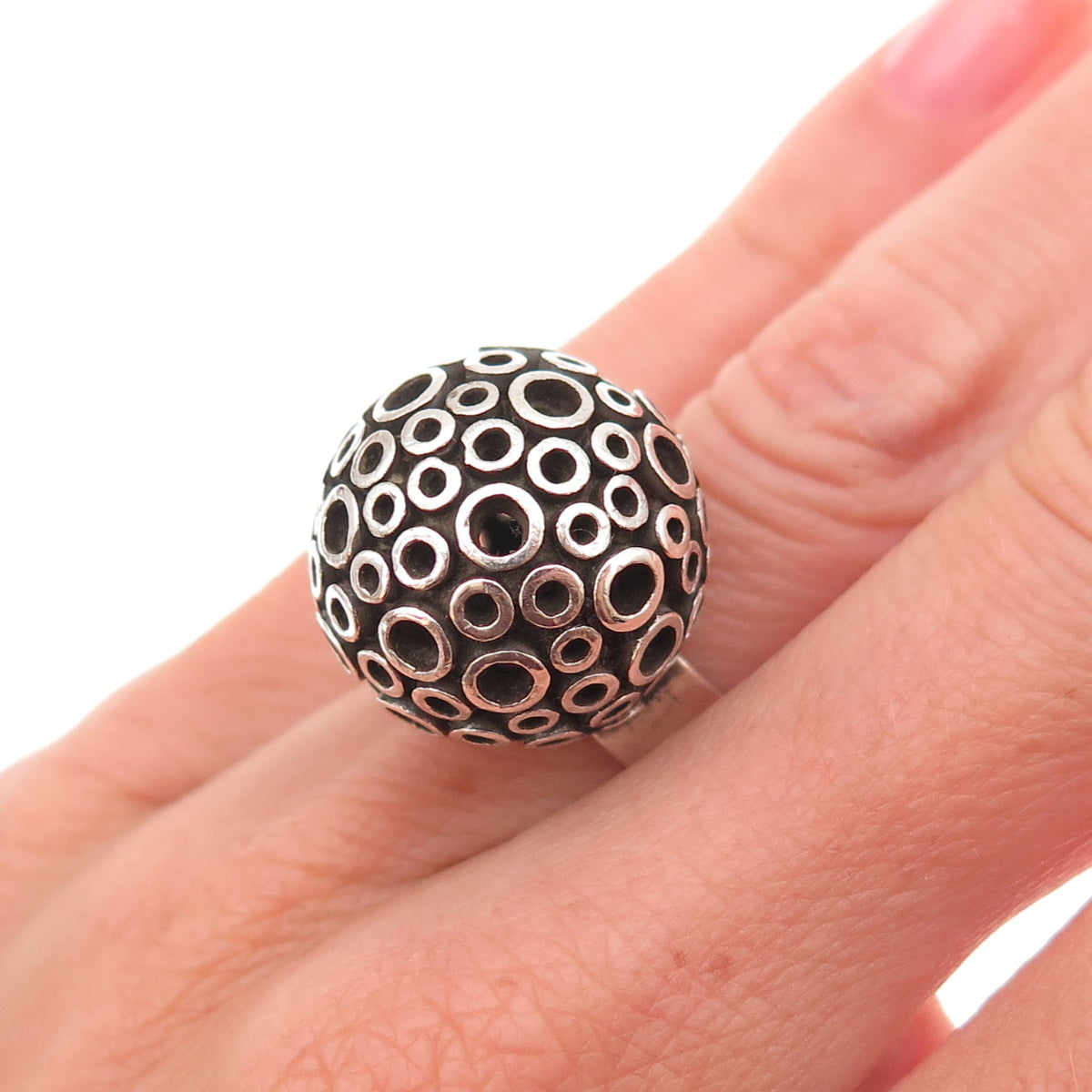925 Sterling Silver Vintage Modernist Ball Oxidized Adjustable Ring Size 5.25