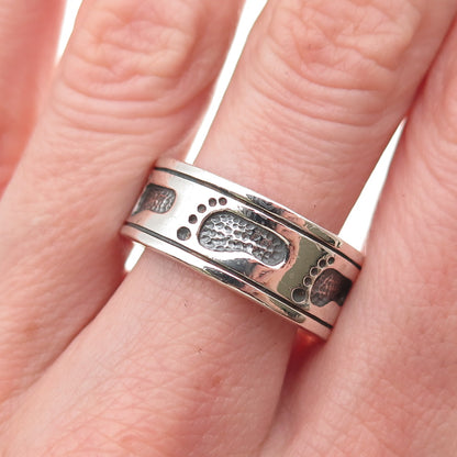 925 Sterling Silver Vintage Footprints Oxidized Band Ring Size 9