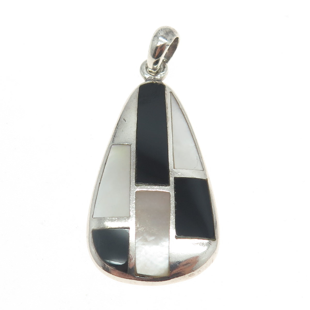 925 Sterling Silver Vintage Mother-of-Pearl & Black Onyx Gem Inlay Pendant