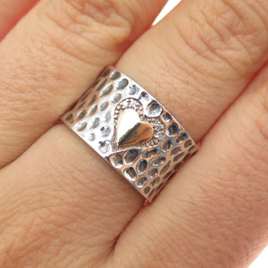 925 Sterling Silver 14K Gold Vintage Round-Cut C Z Heart Hammered Ring Size 7.75