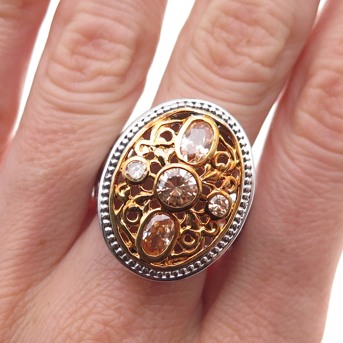 925 Sterling Silver 2-Tone Champagne C Z Floral Scroll Ring Size 9.5