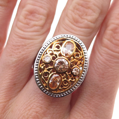 925 Sterling Silver 2-Tone Champagne C Z Floral Scroll Ring Size 9.5