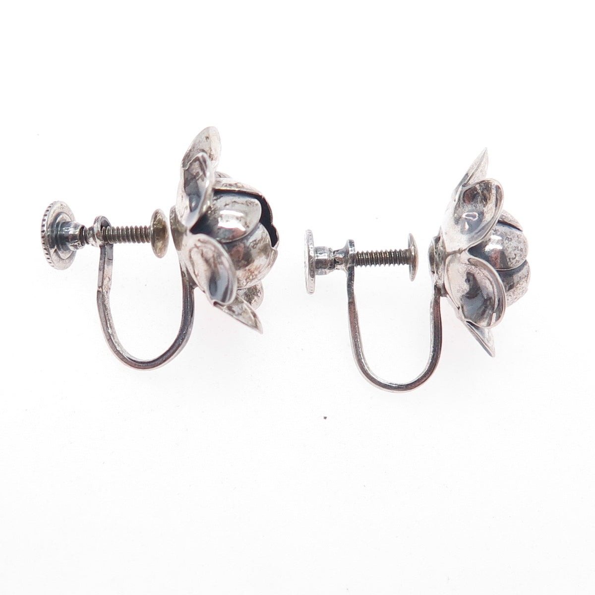 BEAU 925 Sterling Silver Antique Art Deco Rose Oxidized Screw Back Earrings