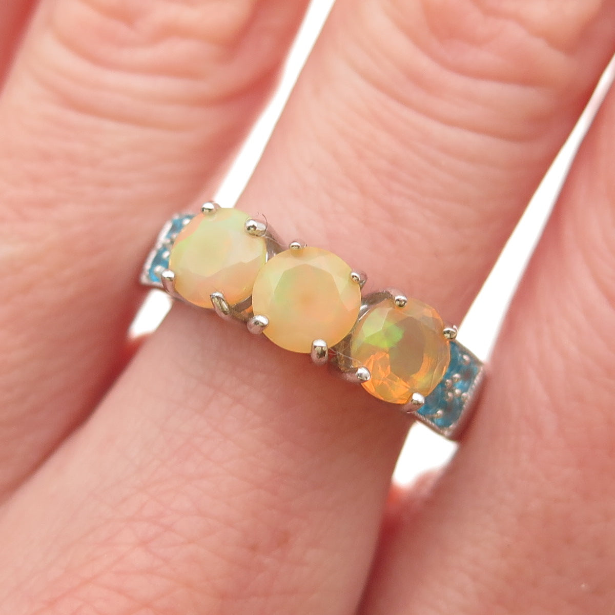 925 Sterling Silver Real Round-Cut Opal & Apatite Ring Size 8