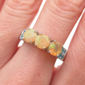 925 Sterling Silver Real Round-Cut Opal & Apatite Ring Size 8