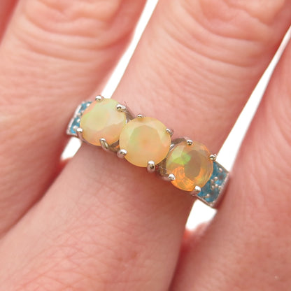 925 Sterling Silver Real Round-Cut Opal & Apatite Ring Size 8