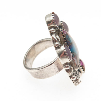 925 Sterling Vintage Mohave Turquoise & Pink Moonstone Adjustable Ring Size 7.5