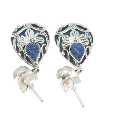950 Silver Vintage Real Sodalite Gemstone Floral Teardrop Dangle Earrings