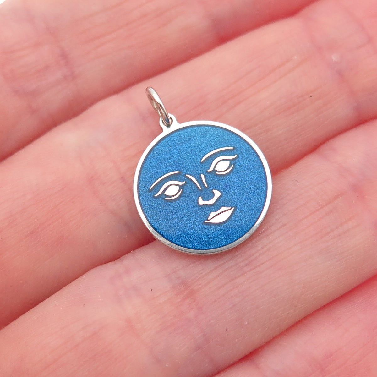 925 Sterling Silver Blue Enamel Moon Face Round Tag Mini Charm Pendant
