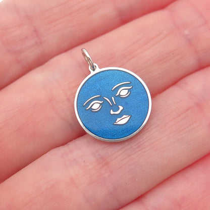 925 Sterling Silver Blue Enamel Moon Face Round Tag Mini Charm Pendant