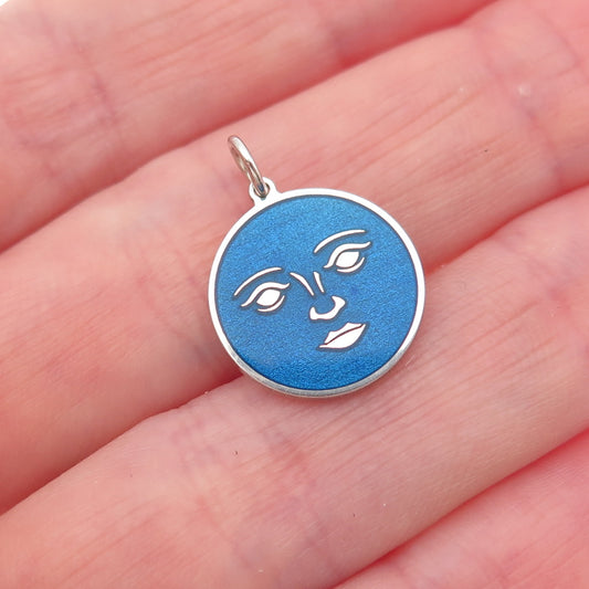 925 Sterling Silver Blue Enamel Moon Face Round Tag Mini Charm Pendant