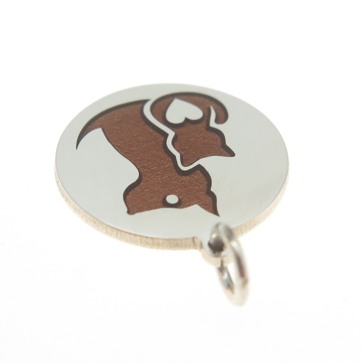 925 Sterling Silver Brown Enamel Cat & Dog Friendship Round Minimalist Pendant