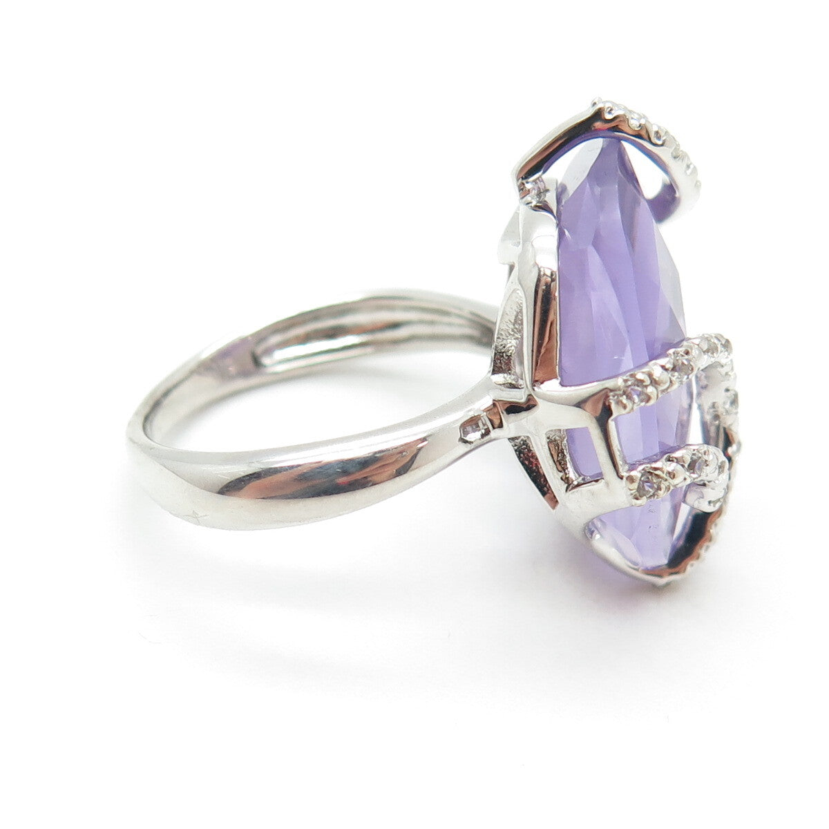 925 Sterling Silver Real Amethyst & White Topaz Wavy Ring Size 7.25