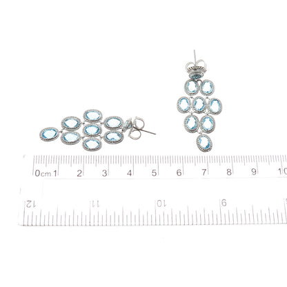 925 Sterling Silver Real Blue Topaz Cluster Dangle Earrings