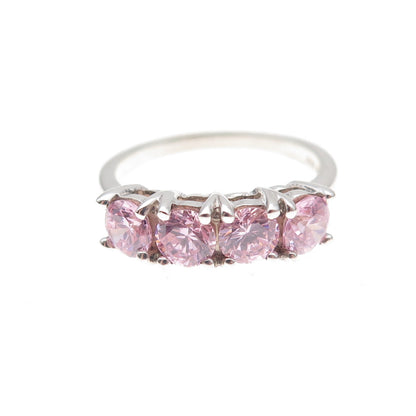 925 Sterling Silver Round-Cut Pink C Z Ring Size 5.25