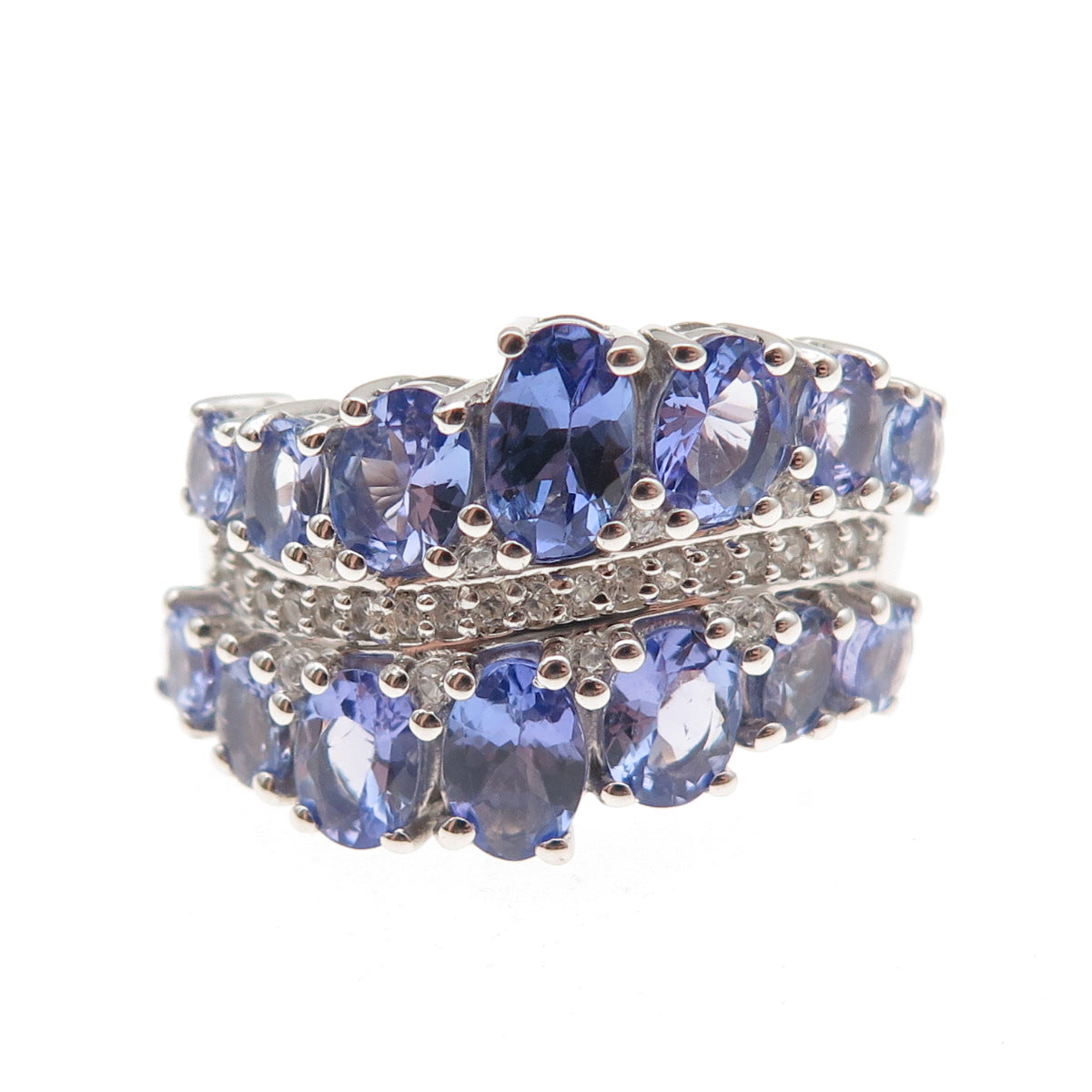 925 Sterling Silver Real Oval-Cut Tanzanite & Round-Cut White Topaz Ring Size 8