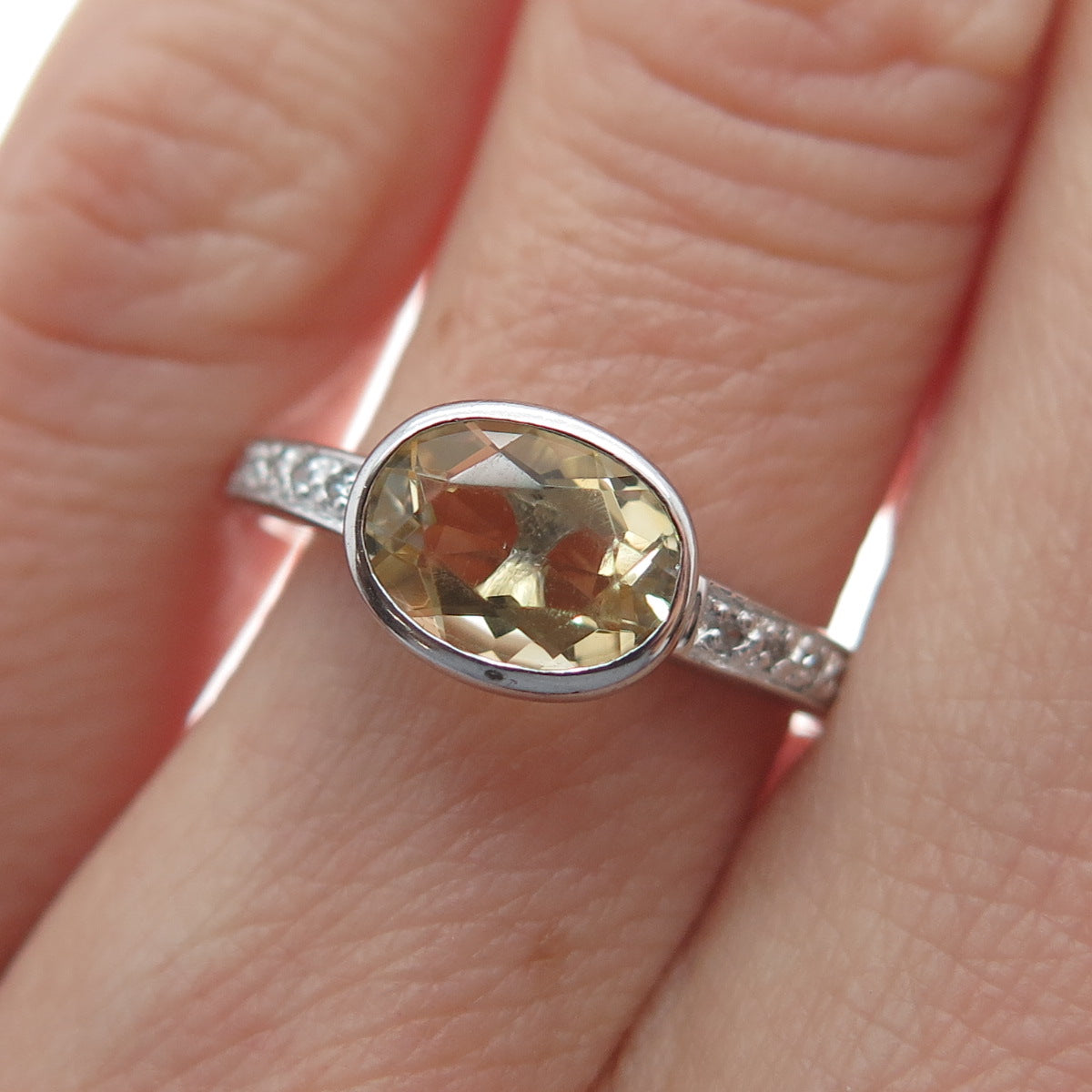 925 Sterling Silver Real Round-Cut Diamond & Oval-Cut Citrine Ring Size 7.25