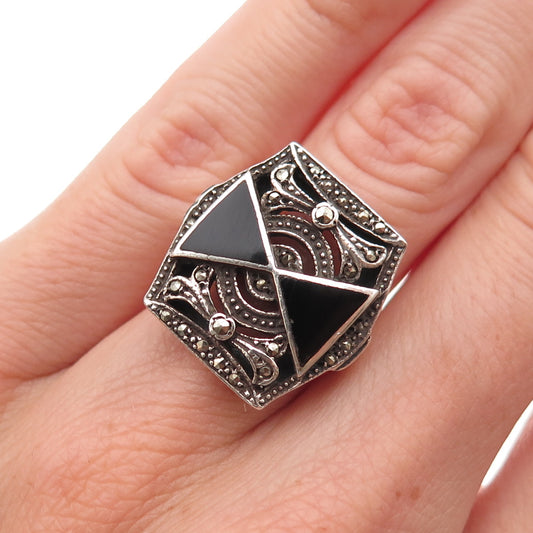 925 Sterling Silver Vintage Real Black Onyx & Marcasite Oxidized Ring Size 5