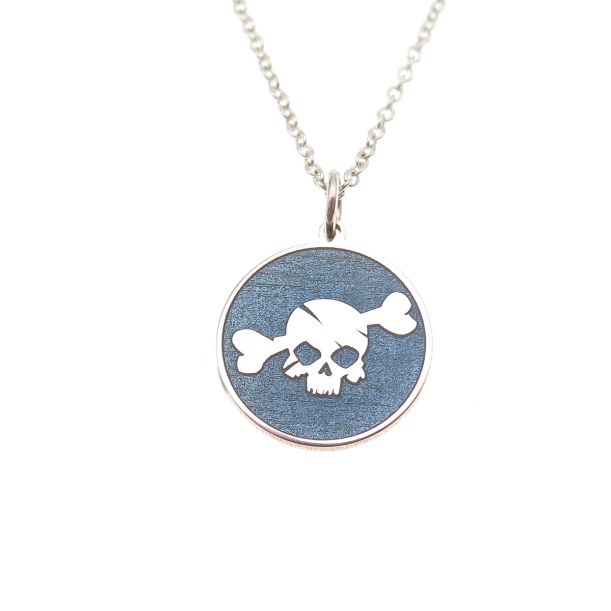 925 Sterling Silver Blue Enamel Skull Round Tag Cable Chain Necklace 18"