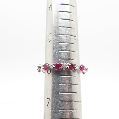 925 Sterling Silver Real Pink Sapphire & C Z All Around Eternity Ring Size 6