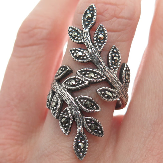 925 Sterling Silver Vintage Real Marcasite Gem Twig Leaf Statement Ring Size 5
