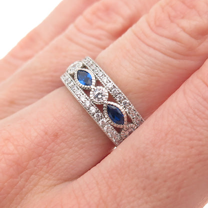 925 Sterling Silver Blue & White C Z All Around Band Ring Size 6.25