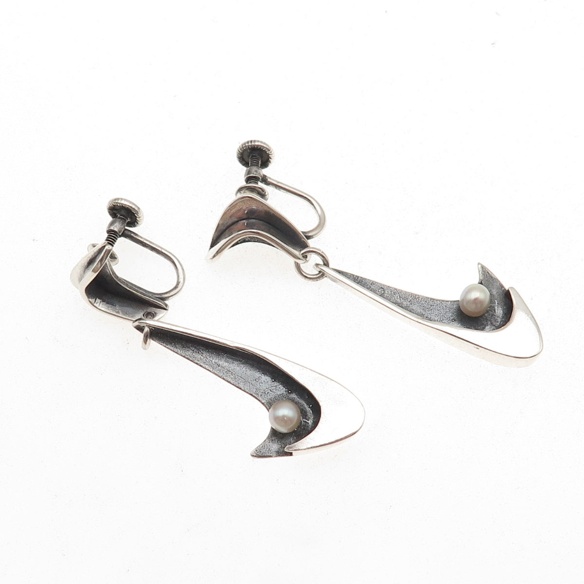 925 Sterling Silver Vintage Real Pearl Modernist Oxidized Screw Back Earrings