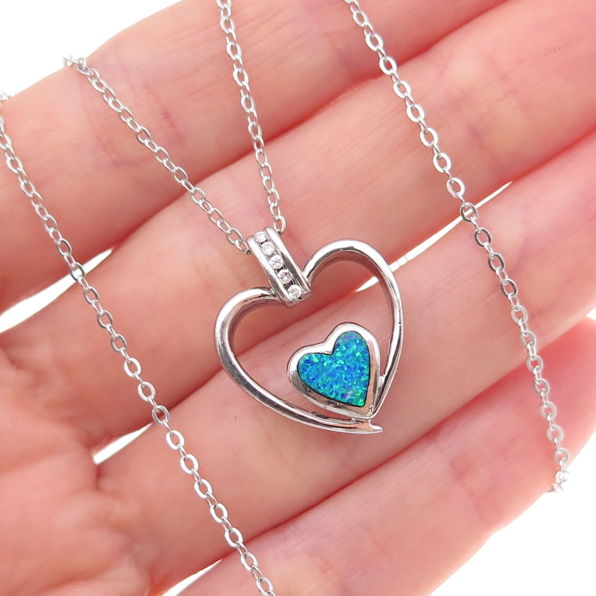 925 Sterling Silver Real Opal & C Z Heart Cable Chain Necklace 18"