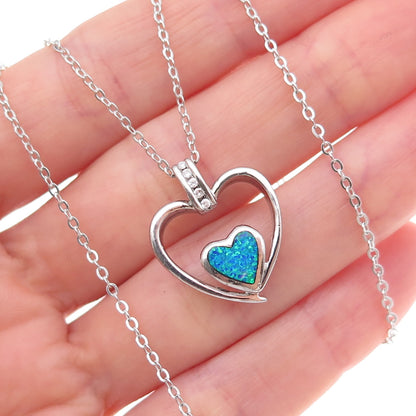 925 Sterling Silver Real Opal & C Z Heart Cable Chain Necklace 18"
