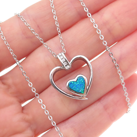 925 Sterling Silver Real Opal & C Z Heart Cable Chain Necklace 18"
