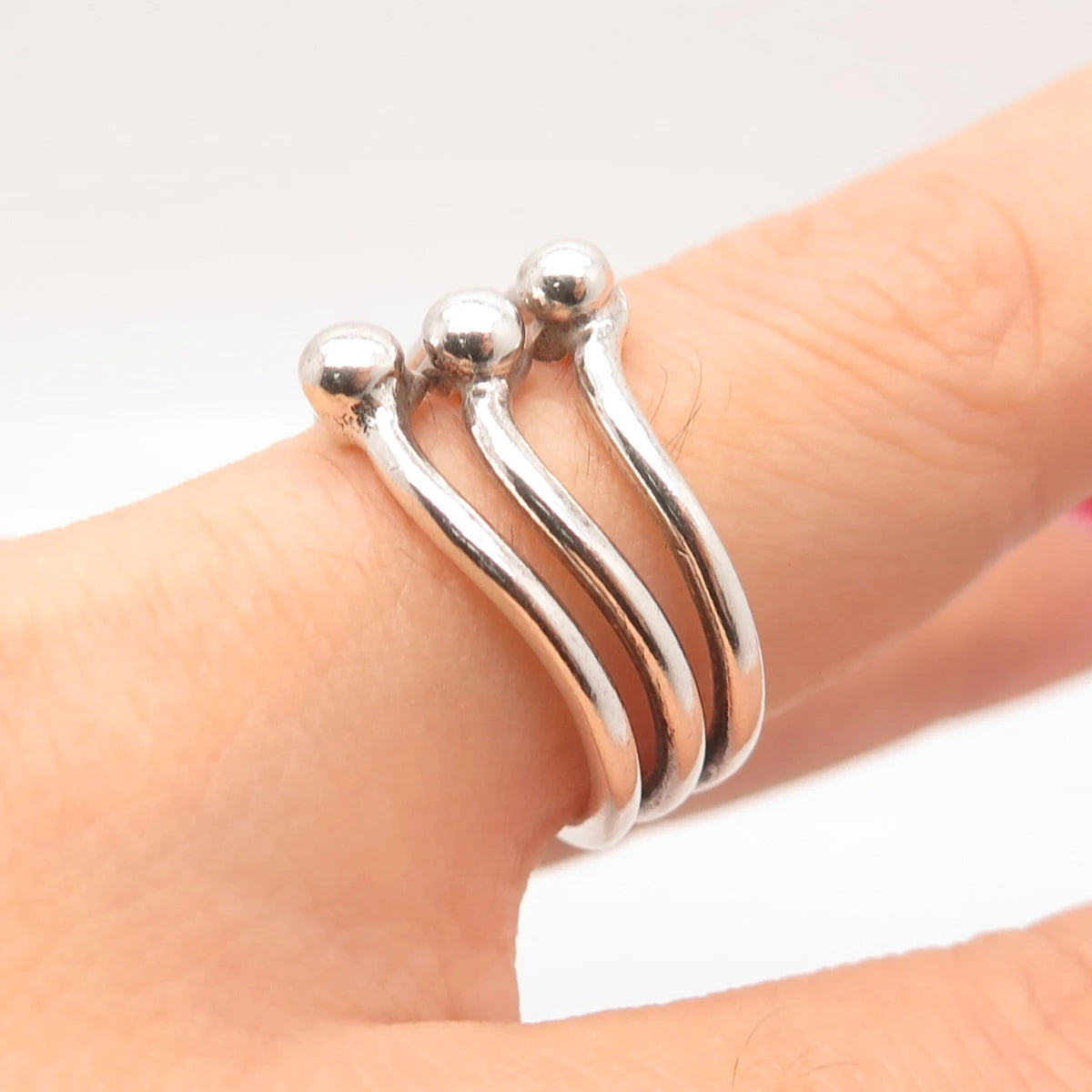 925 Sterling Silver Vintage Ball 3-Row Ring Size 8