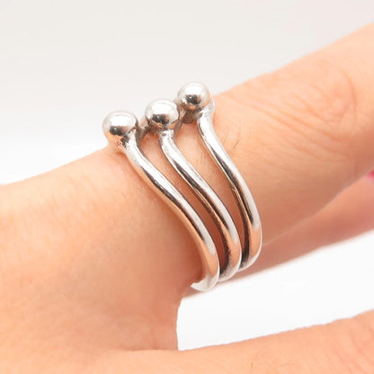 925 Sterling Silver Vintage Ball 3-Row Ring Size 8