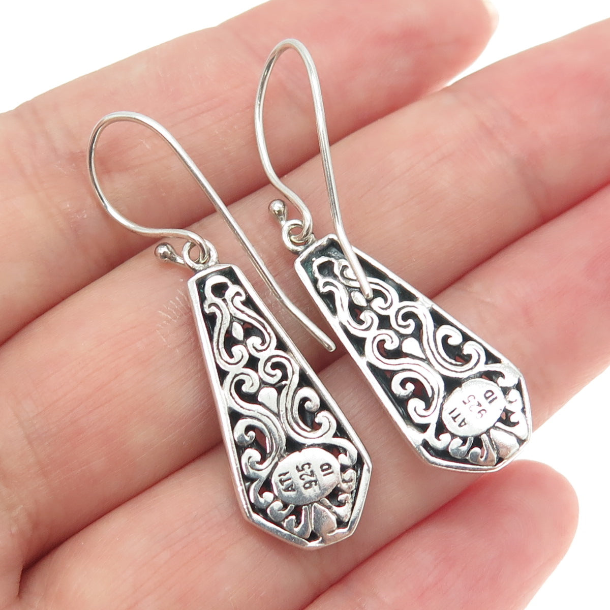 925 Sterling Silver Vintage Ornate Floral Teardrop Dangling Earrings