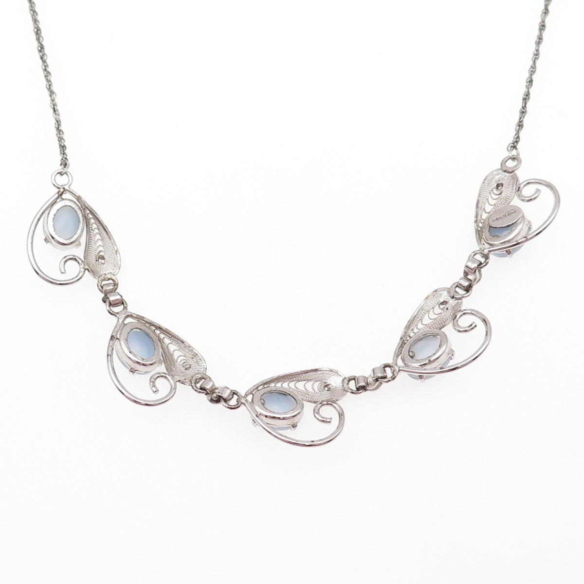 925 Sterling Silver Antique Art Deco Apalite Filigree Chain Necklace 16"